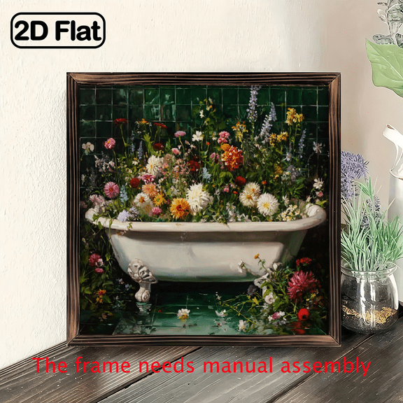 Vintage Elegant 1pc Wildflower Bathtub Woodcut Wall Art 8X8 Inches, Multi-Purpose Decorative Panel Bathroom, Bedroom, Or Bathroom Wall Decoration with Vibrant Greenery And Floral Design