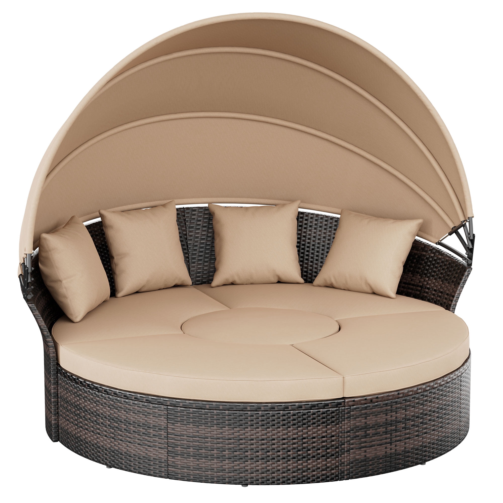 SUNCROWN Outdoor Rattan Round Retractable Canopy Daybed Patio Sofa Furniture Brown Clamshell Sectional Seating with Washable Cushions