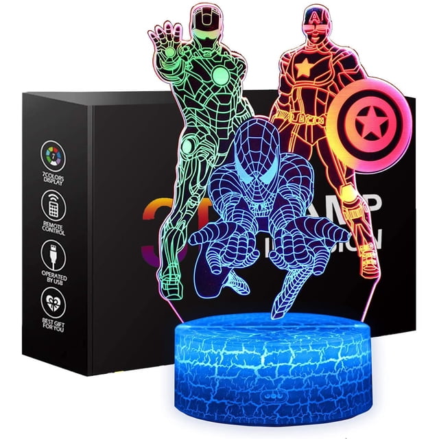 Lámpara de noche de Spiderman para niños, ilusión 3D, control táctil, colores dinámicos, 3 patrones cambiantes, juguetes para niños, Capitán América, Iron Man, regalos para hombres y niños