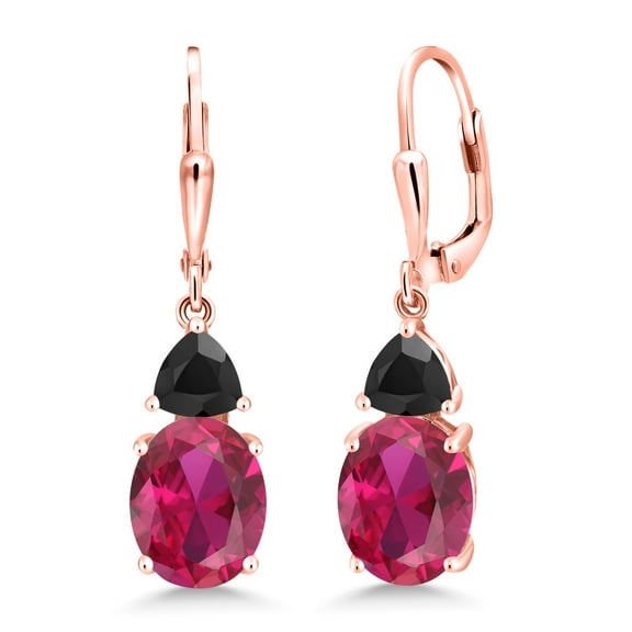Gem Stone King 18K Rose Gold Plated Silver Red Created Ruby and Black Onyx Dangle Earrings for Women (6.72 Cttw, Gemstone July Birthstone, Oval 10X8MM, Trillion 5MM)