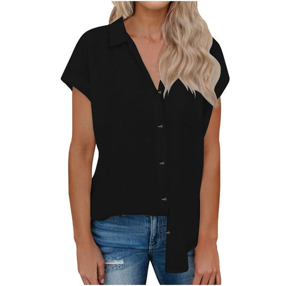 Linen Shirts for Women Button Down Shirt Short Sleeve Cotton Collared V Neck Solid Casual Blouses Tunic with Pockets