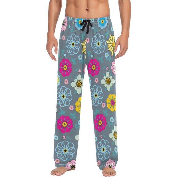 Floral Daisy Pattern Ghost Pajama Pants, Men's Lounge Pants Light with Drawstring and Pockets, Christmas New Year Birthday Father's Day Gifts