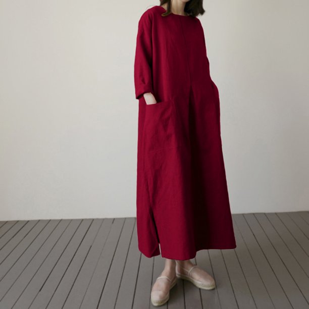 Vestido largo suelto para mujer, vestido largo bohemio de manga larga vintage Irfora borgoña/Extragrande