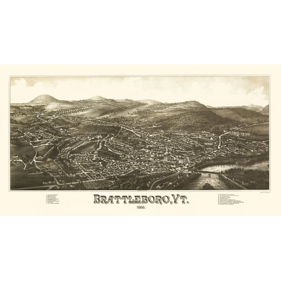 Historic Panoramic View - Brattleboro Vermont - Burleigh 1886 - 23 x 42.52 - Vintage Wall Art