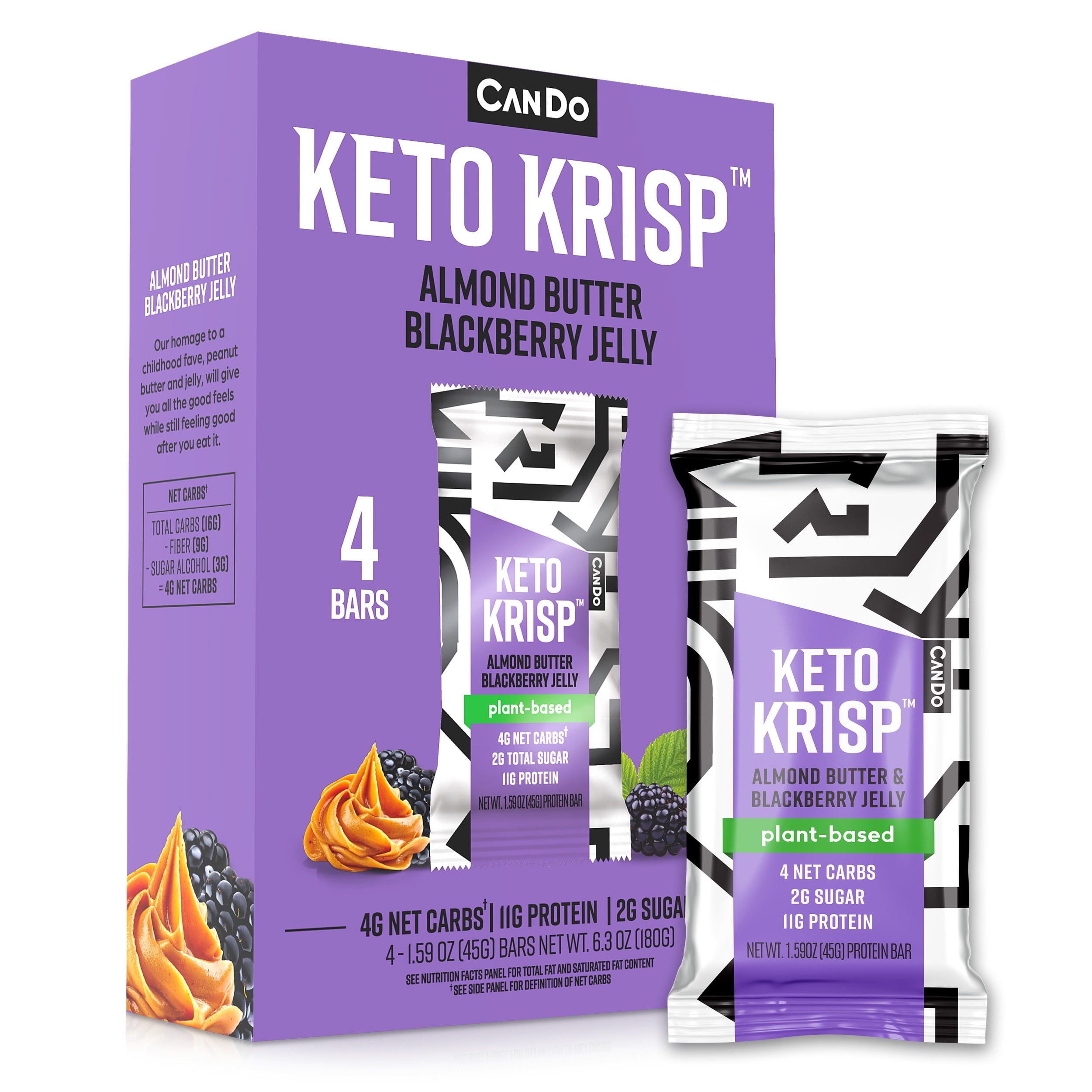 CanDo Keto Krisp ProteinRich Snack Bars, Almond Butter and Blackberry Jelly, 4Pack