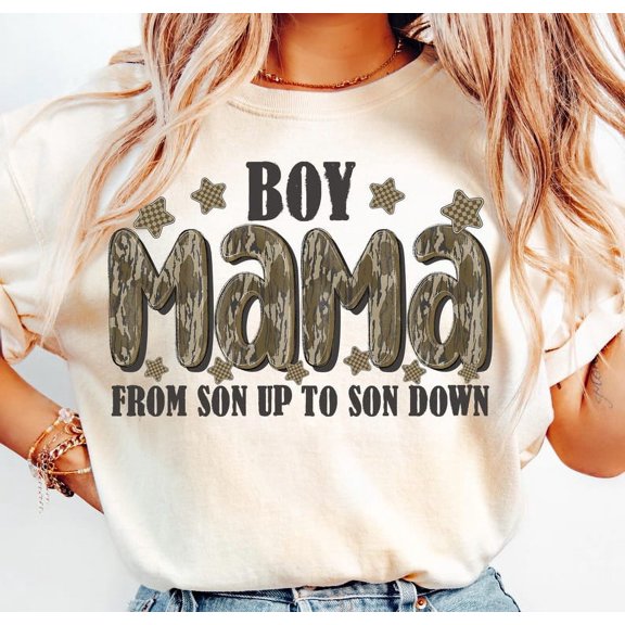 Boy Mama Camo T-Shirt– From Son Up to Son Down, Rustic Mom of Boys Tee with Military Print, Mother of Sons Gift Shirt