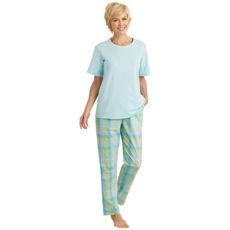 

AmeriMark Women s Plaid Pajama Set Woven Soft Pants and Solid Color PJ Top Seaglass X-Large