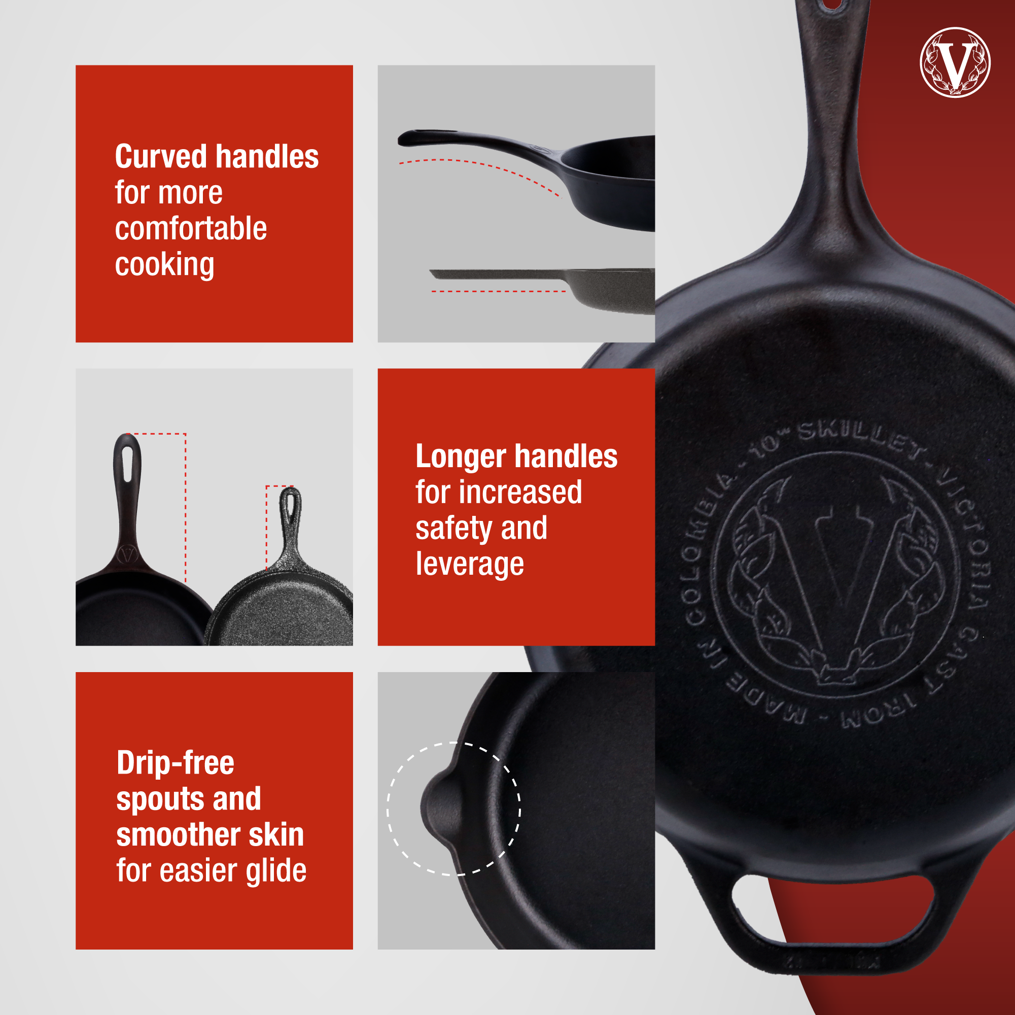 Victoria Cast Iron Skillet, Pre-Seasoned Cast-Iron Frying Pan with Long Handle, Made in Colombia, 12 Inch - image 3 of 5