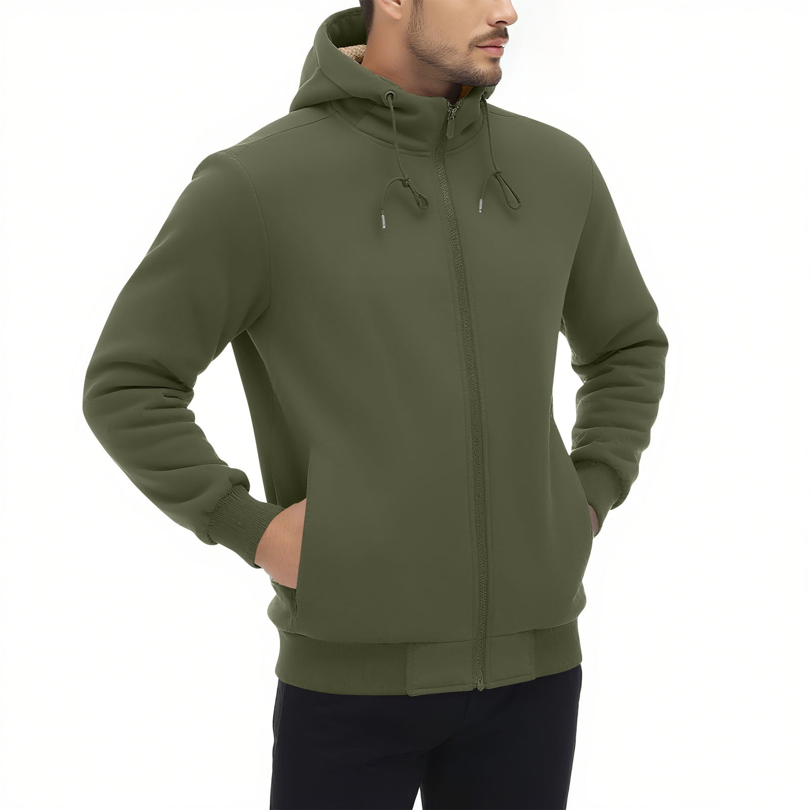GuangCheng Mens Sherpa Lined Hoodies,Full Zip,Hooded Sweatshirts,with Plush Fleece Interior,Army Green,S
