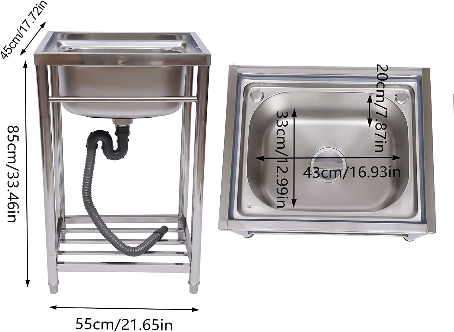 Free Standing Stainless Steel Utility Sink, Single Bowl Commercial Restaurant Kitchen Sink Set with Water Hose and Storage Shelve, 17 x 13 x 8 Inch Inner Sink