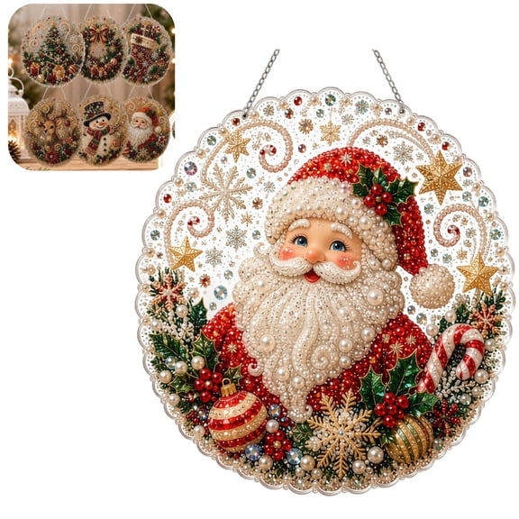 DIY Christmas Pearl Diamond Art Hanging Ornament Kit, 6 Pcs 2D Flat Beaded Art Pendant Set, Christmas Tree Hanging Decor Craft Kit for Holiday Home Decor Gift D