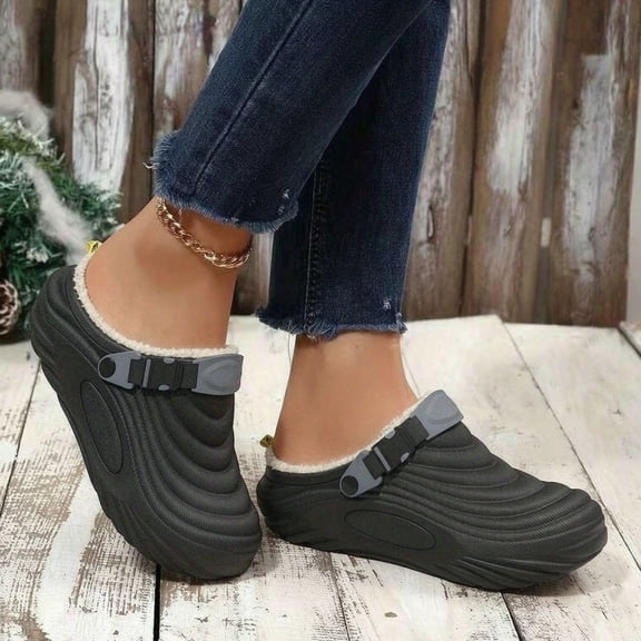 Men's Fleece Lined Mule Clogs Wide Toe Box Adjustable Buckle Strap Closed Toe Slip On Non Slip Warm Walking Shoes