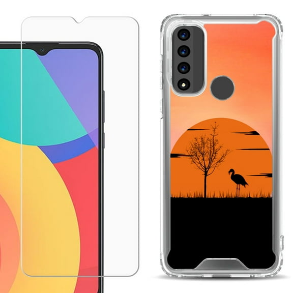 Shockproof Bumper Phone Case for TCL 20 XE, with Tempered Glass Screen Protector, by OneToughShield ® - Sunset Flamingo