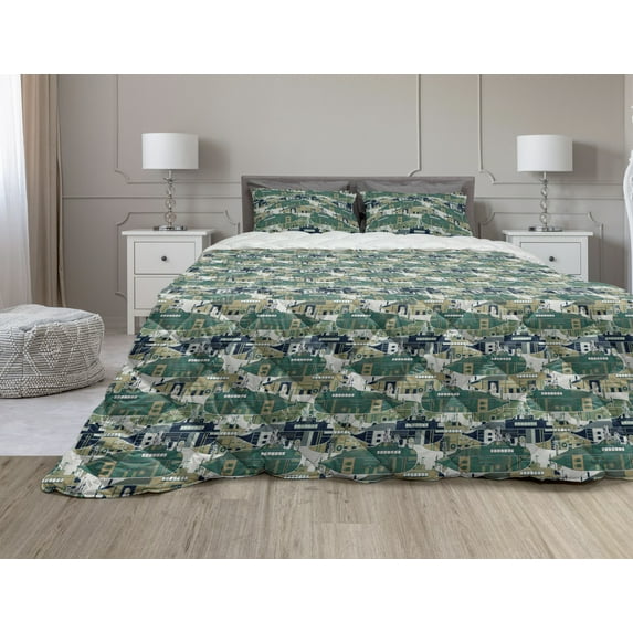 Retro Comforter & Sham Bedding Set, Retro Submarine Concept with Torpedoes Vintage Hand Drawn Squares Circles Image, 3 pcs Duvet Set Microfiber Filling Quilt, 5 Sizes, Multicolor, by Ambesonne