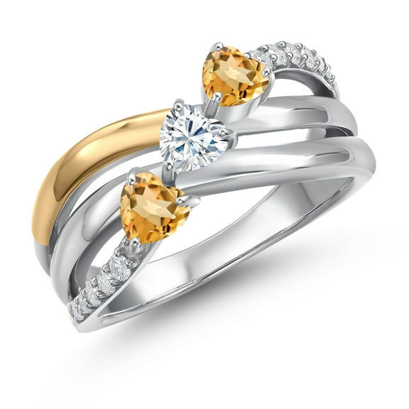 Gem Stone King 925 Silver and 10K Yellow Gold Yellow Citrine and White Moissanite and Lab Grown Diamond Engagement Ring for Women | 0.76 Cttw | Heart Shape Gemstone November Birthstone | Size 8