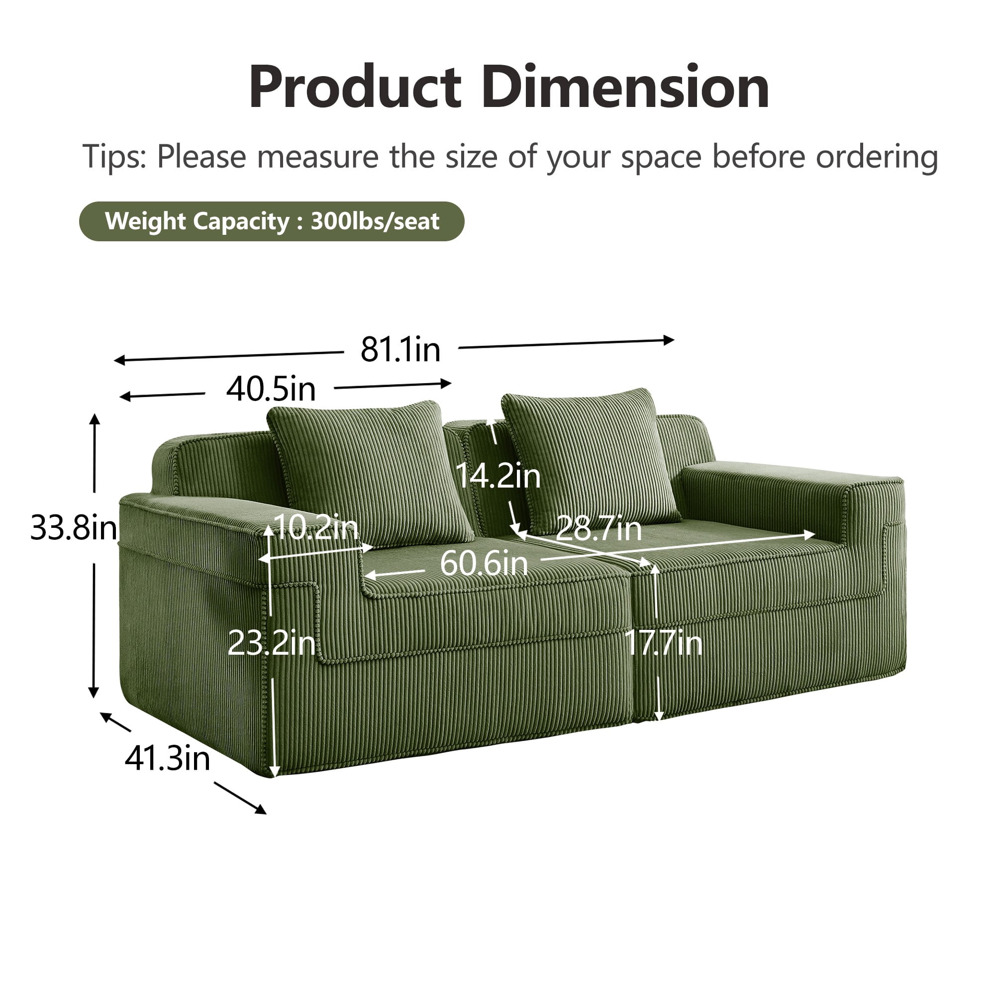 DEALTOPS 81" Modern Corduroy Floor Sofa, Modular 2-Seater Cloud Couch with Deep Seats & 2 Pillows, Green
