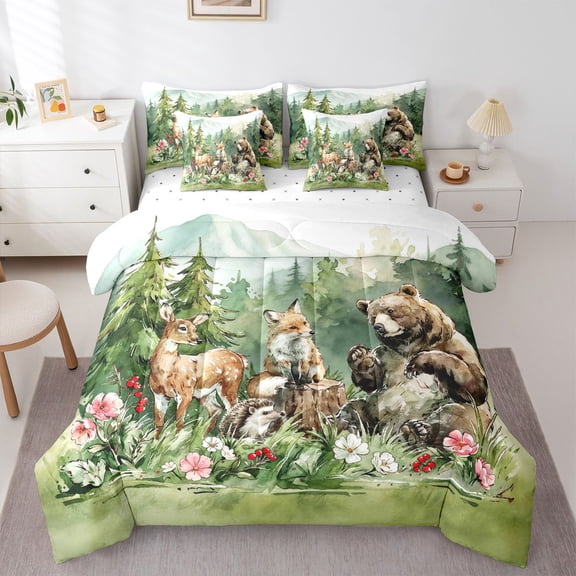 Manfei Kawaii Fox 7-Piece Twin Bedding,Cute Bear Print Bedding Comforter Set,Green,Reversible