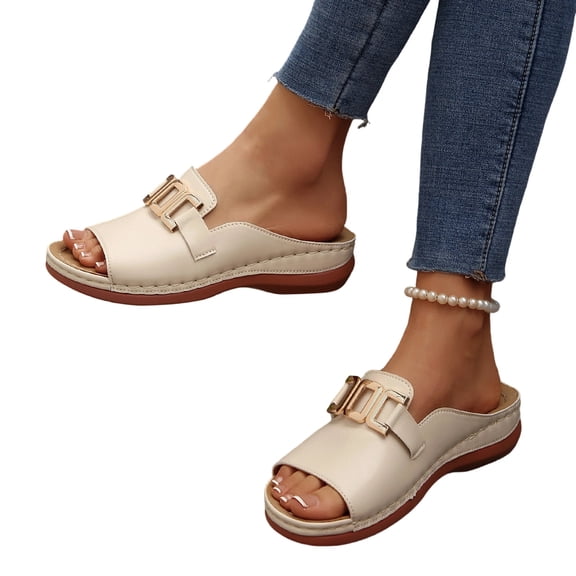 longantii Orthopedic Casual Sandals for Women Slip on Non Slip Arch Support Flat Wedge Sandals Wide Walking Shoes 2026 Beach Orthopedic Shoes Beige