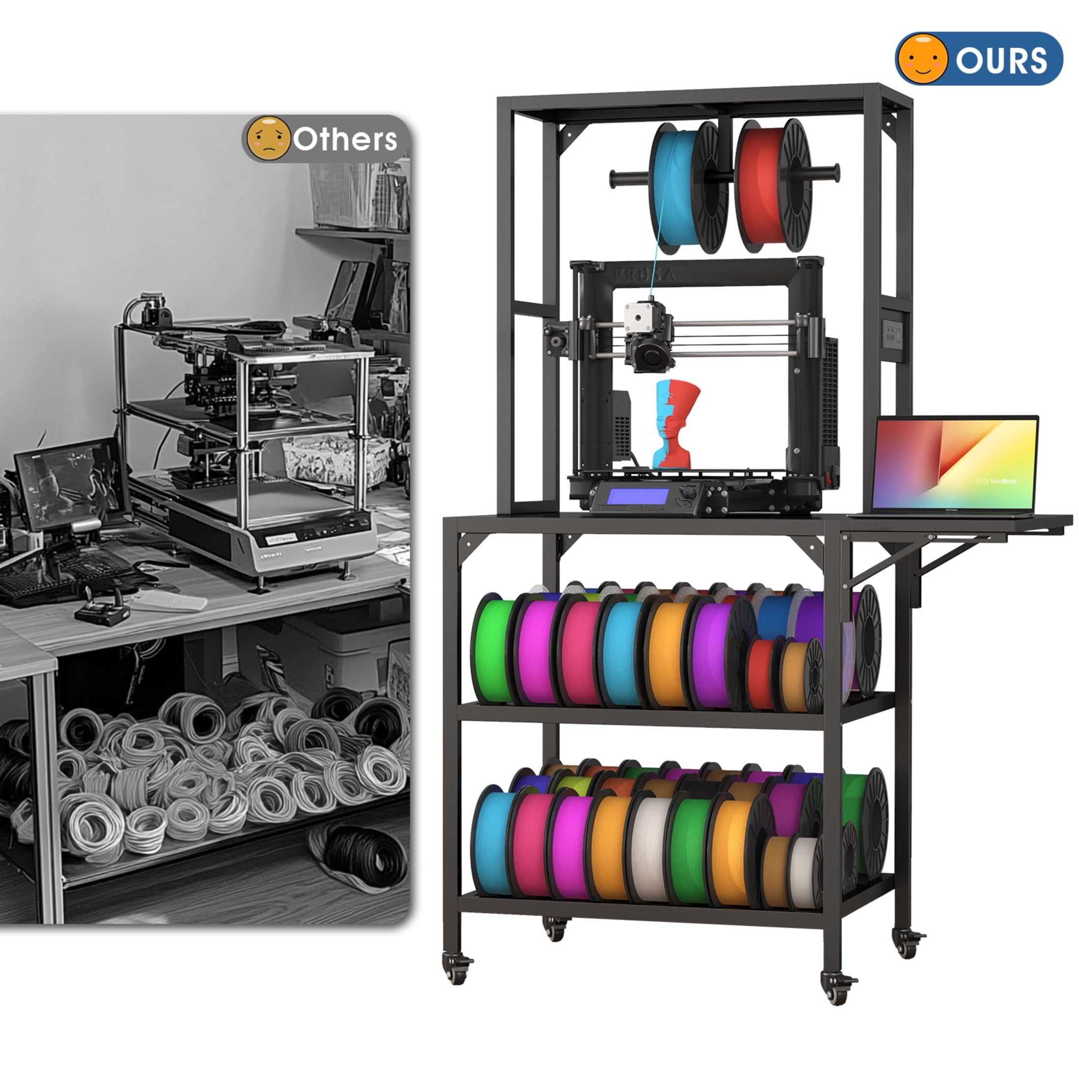 Noble House 3D Printer Table Stand with Filament Storage Rack, Metal Workstation with T-Spool Holder & Wheels, Black