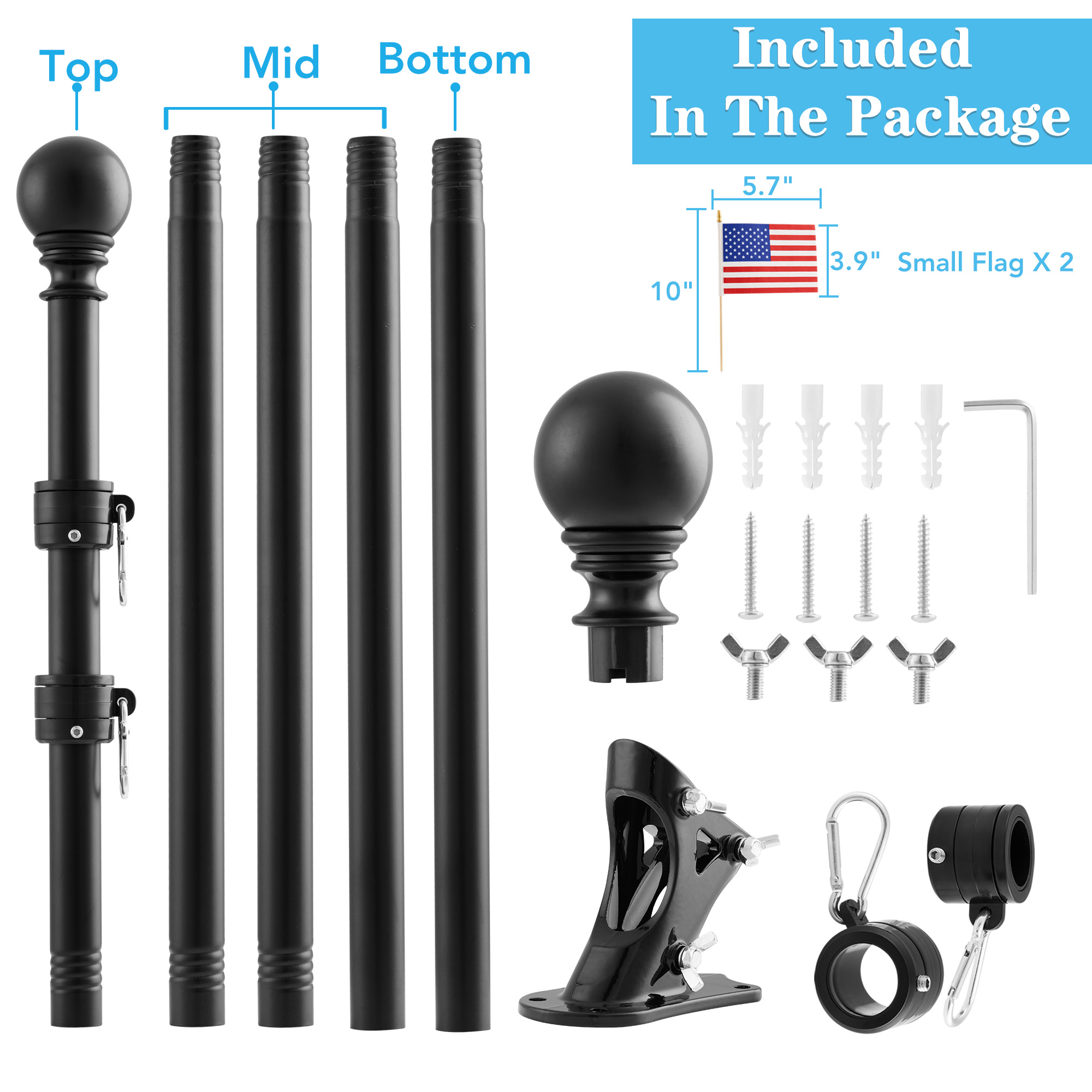 WIDYANA Flag Pole Kits 6FT with Bracket, Stainless Steel with Two No-Tangle Rings, Black