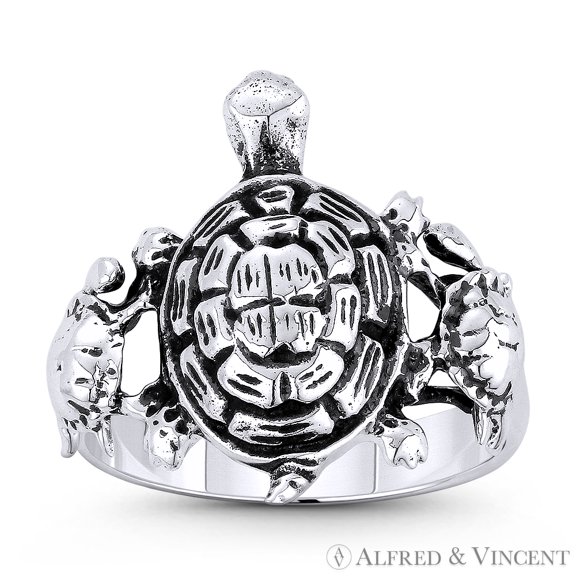 Triple Tortoise / Turtle Spirit Animal Charm Right-Hand Motherhood Ring in Oxidized .925 Sterling Silver