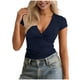 thumbnail image 1 of Tops de Manga Corta de las Mujeres de Color Sólido Cuello Redondo Set de Manga Corta Blusas de Cuello en V, 1 of 6
