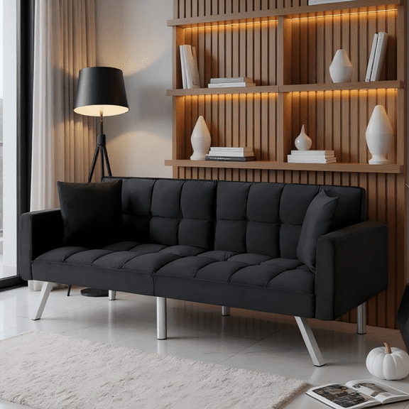 BSHTI 74" Velvet Convertible Futon Sofa Bed with Split Back & Square Tufting, 3-Position Adjustable, Metal Legs, 2 Toss Pillows for Living Room & Guest Room, Black