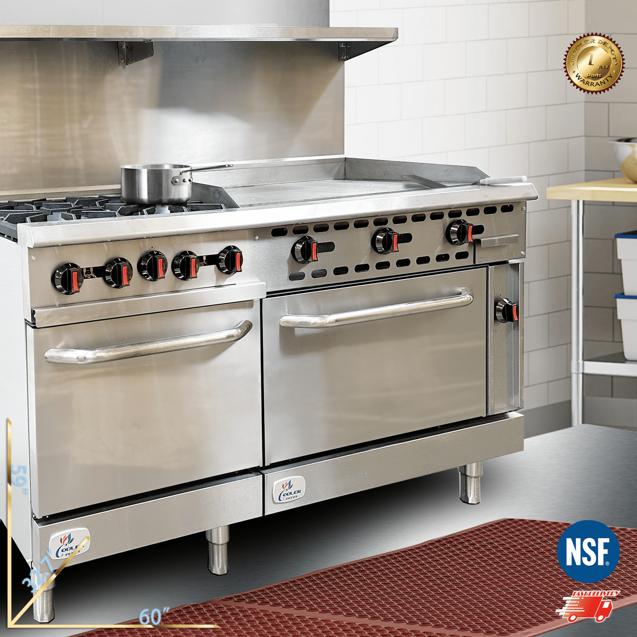 Cooler Depot NSF 60" Commercial Dual-Fuel Range with Charbroiler & Griddle, 9.5 cu ft Oven, Model CD-R4-36G