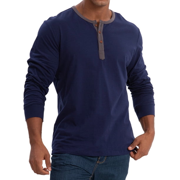 Blusas y camisas de manga larga con cuello redondo para hombre, color liso, informales, a la moda, con botones, cuello redondo, manga larga, blusa de poliéster para hombre