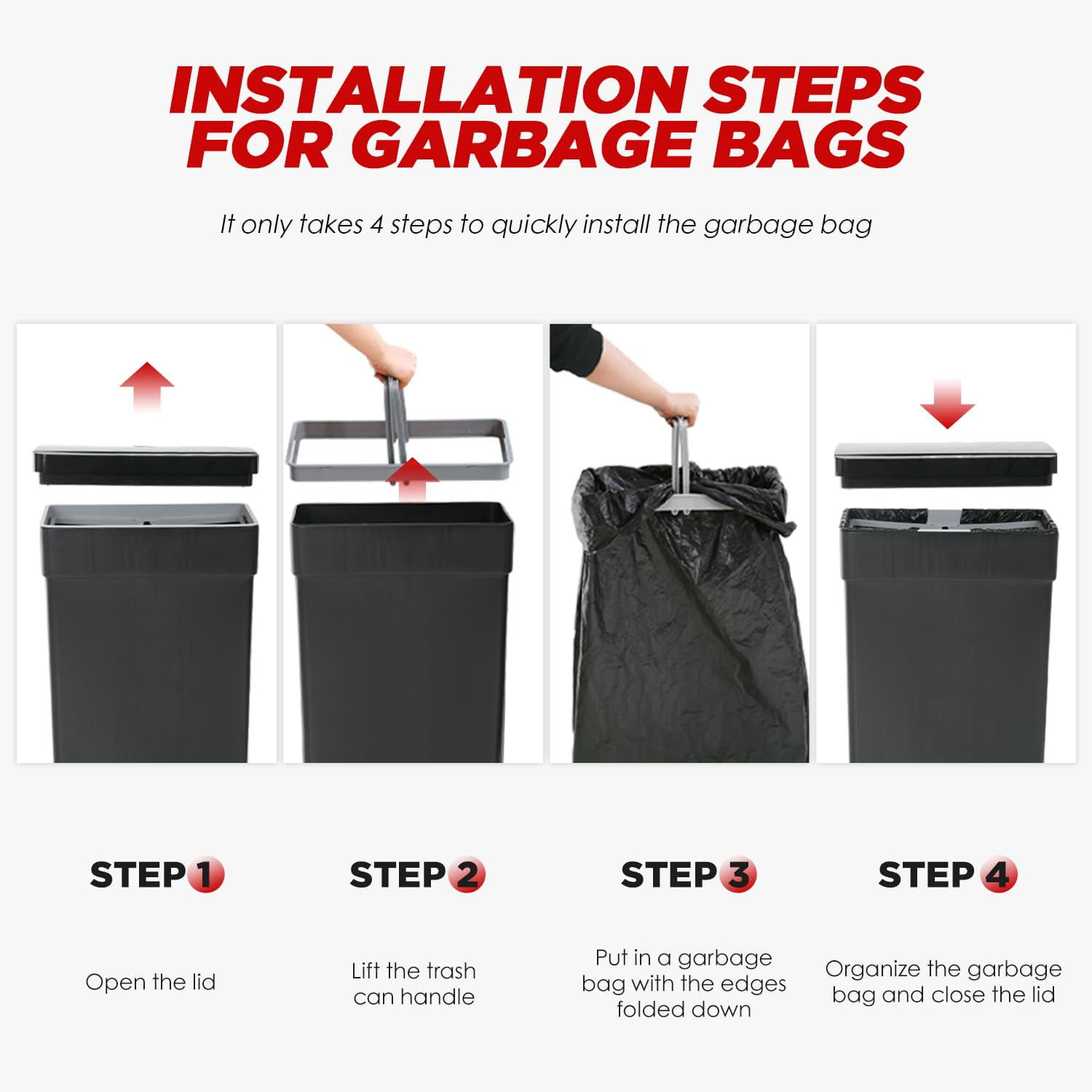 BestOffice 13 gallon Automatic Plastic Trash Can with Lid, Touch Free with Motion Sensor for Indoor Use, 4 Pack(Black)