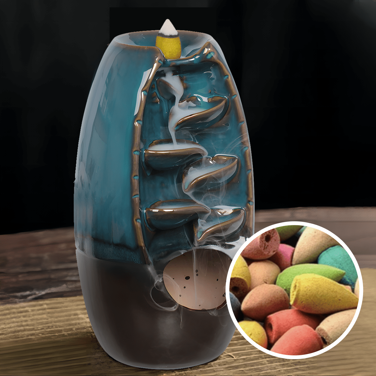 (3 pack) Premium Ceramic Incense Fountain Blue Glaze Finish