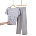thumbnail image 4 of ManxiVoo Ladies Modal Sleepwear Set Soft Striped Short Sleeve Shirt and Lounge Pants for Home Comfort L Size Grey, 4 of 4
