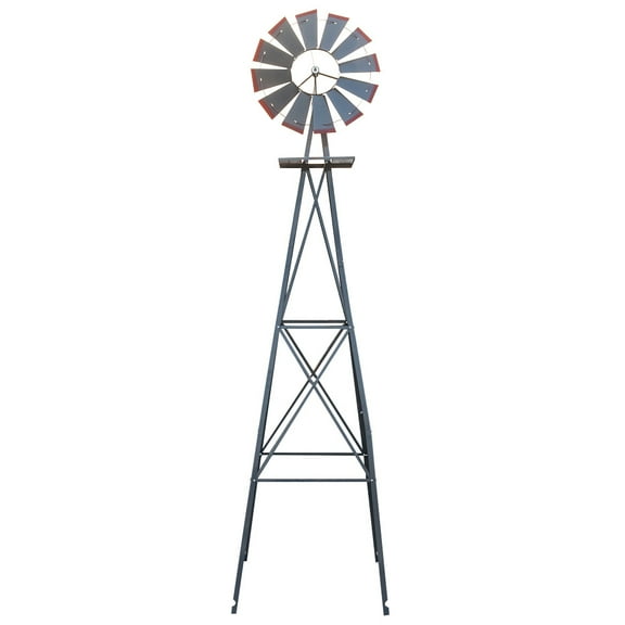 8FT Ornamental Windmill Backyard Garden Decoration Weather Vane, Weather Resistant Yard Metal  Windmill, Gray and Red