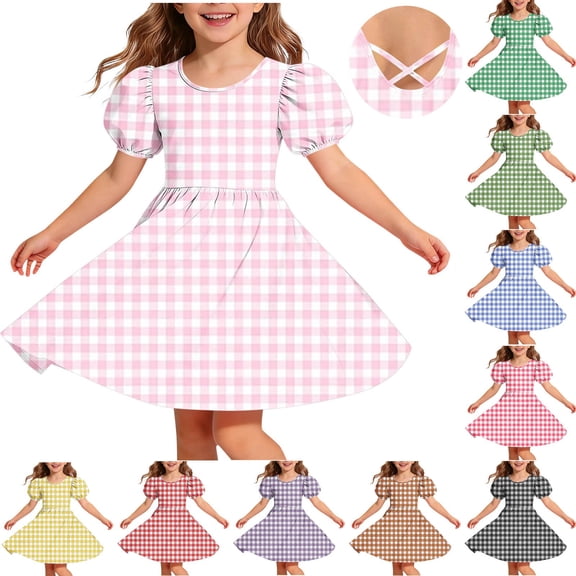 QSXADF Girls' Summer Casual Dress Sundress Children's Round Neck Sleeve Short Sleeved Dress Classic Back Girl Summer Dress Summer Outfits