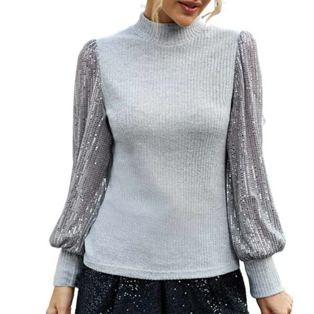 AherBiu Hauts à Sequins pour Femmes Manches Longues Côtelés Tricotés Col Haut Chic Blouse de Soirée Formelle