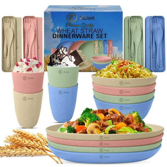 28pcs Wheat Straw Dinnerware Set for 4. All-in-1 Plate Set by ZLion