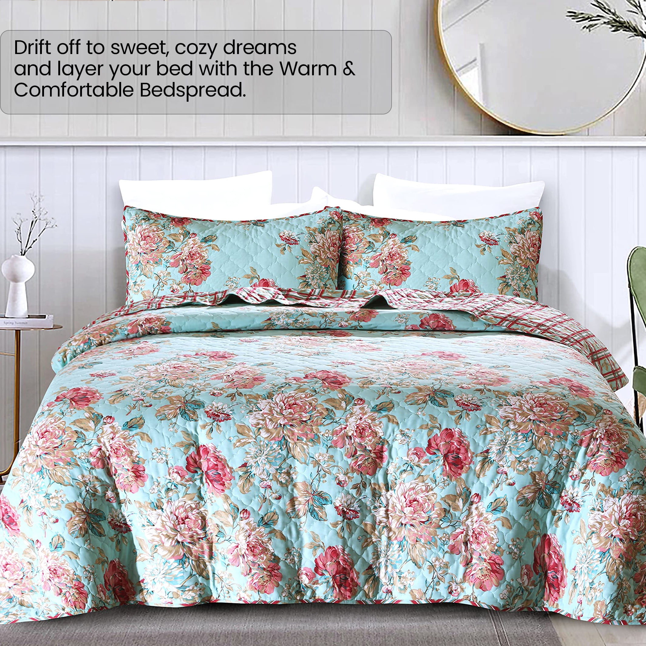 RUVANTI 100% Cotton 3 Pcs Quilt Set Queen/Full Bedspreads, Lightweight Coverlet, Soft, Warm Comforter. All Season Quilts Queen Size Set Include Quilt & 2 Pillowcovers, Reversible Floral Bunch Design