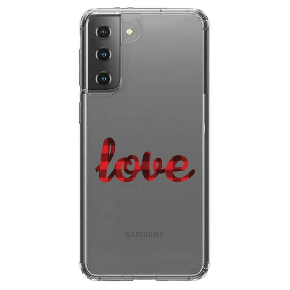 DistinctInk Clear Shockproof Hybrid Case for Galaxy S21 5G (6.2" Screen) - TPU Bumper Acrylic Back Tempered Glass Screen Protector - Buffalo Love - Red Black Plaid