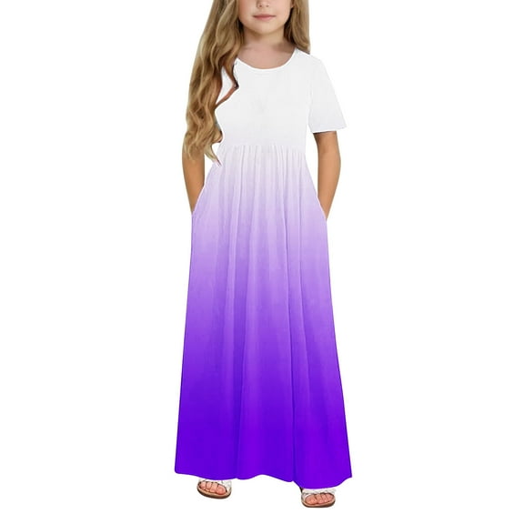 Girls Maxi Dresses with Pockets Teens Kids Short Sleeve Crewneck High Waisted Gradient Printed Pleated Beach A-Line Dress Size 4-14