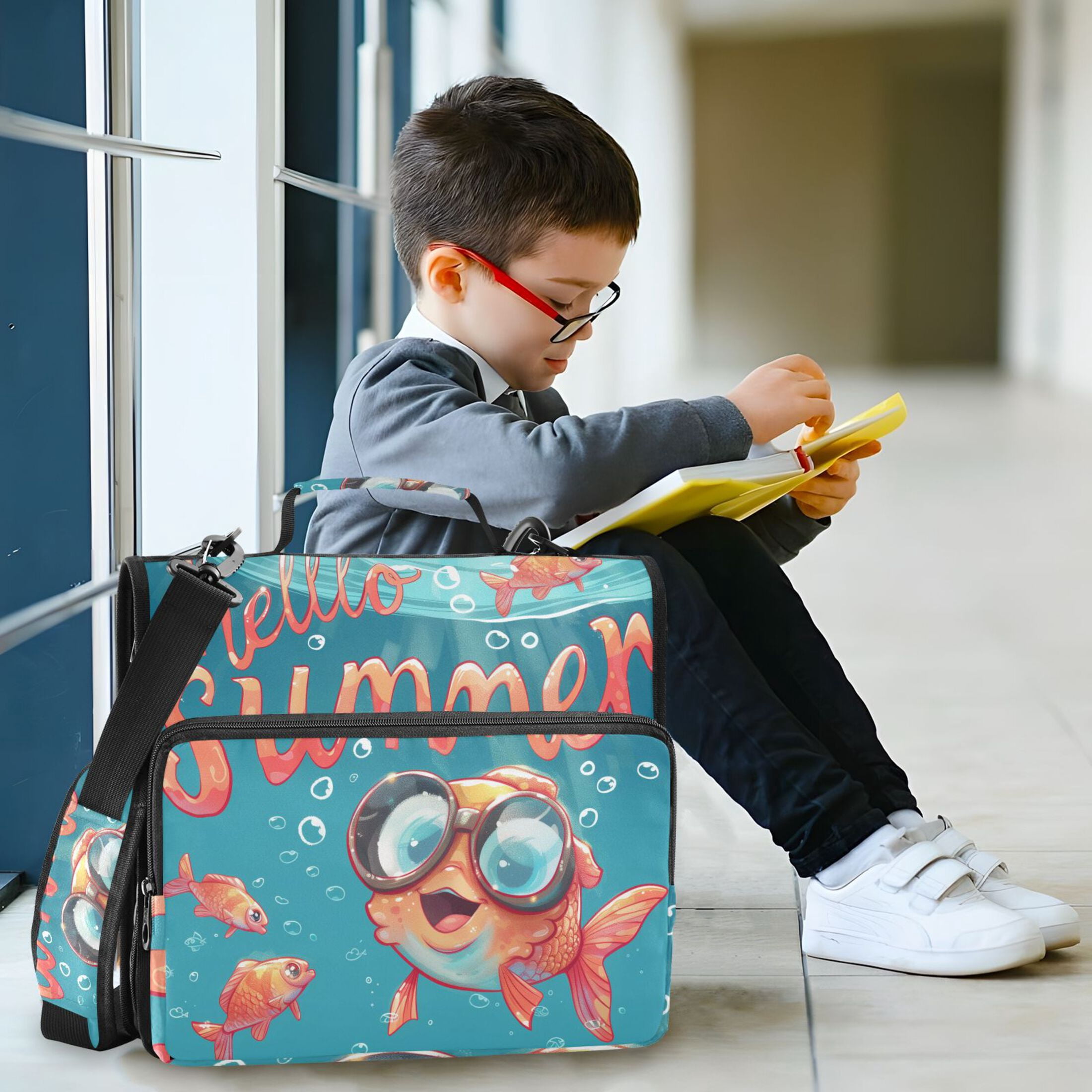 3 Ring Zipper Binder with Shoulder Strap Waterproof Trapper Keeper 2 Inch D-Ring 500 Sheets Capacity Hello Summer Fish