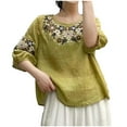 thumbnail image 3 of Dazajoo Linen Half Sleeve Tops for Women Vintage Embroidered Round Neck Blouses Summer Plus Size Boho Shirts,Army Green,XXXL, 3 of 4