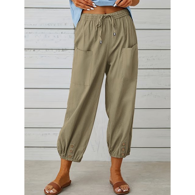 Plus Size Women's Solid Bow Knot Elastic Button Decor Casual Pants with Pockets