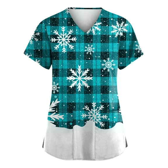 LHVUOA Christmas Scrub Tops for Women Short Sleeve Nursing Uniform V Neck Casual Shirts with Pockets
