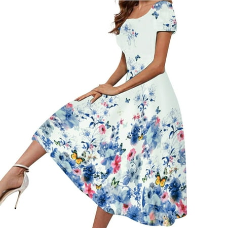 

ZIZOCWA Long Sleeve Wedding Guest Dress Sunday Dress For Women Womens Summer Casual Dresses Short Sleeves Elegant Crewneck Flower Pattern Dress Fresh Casual Boho Beach Dress Dress Shelf Bra