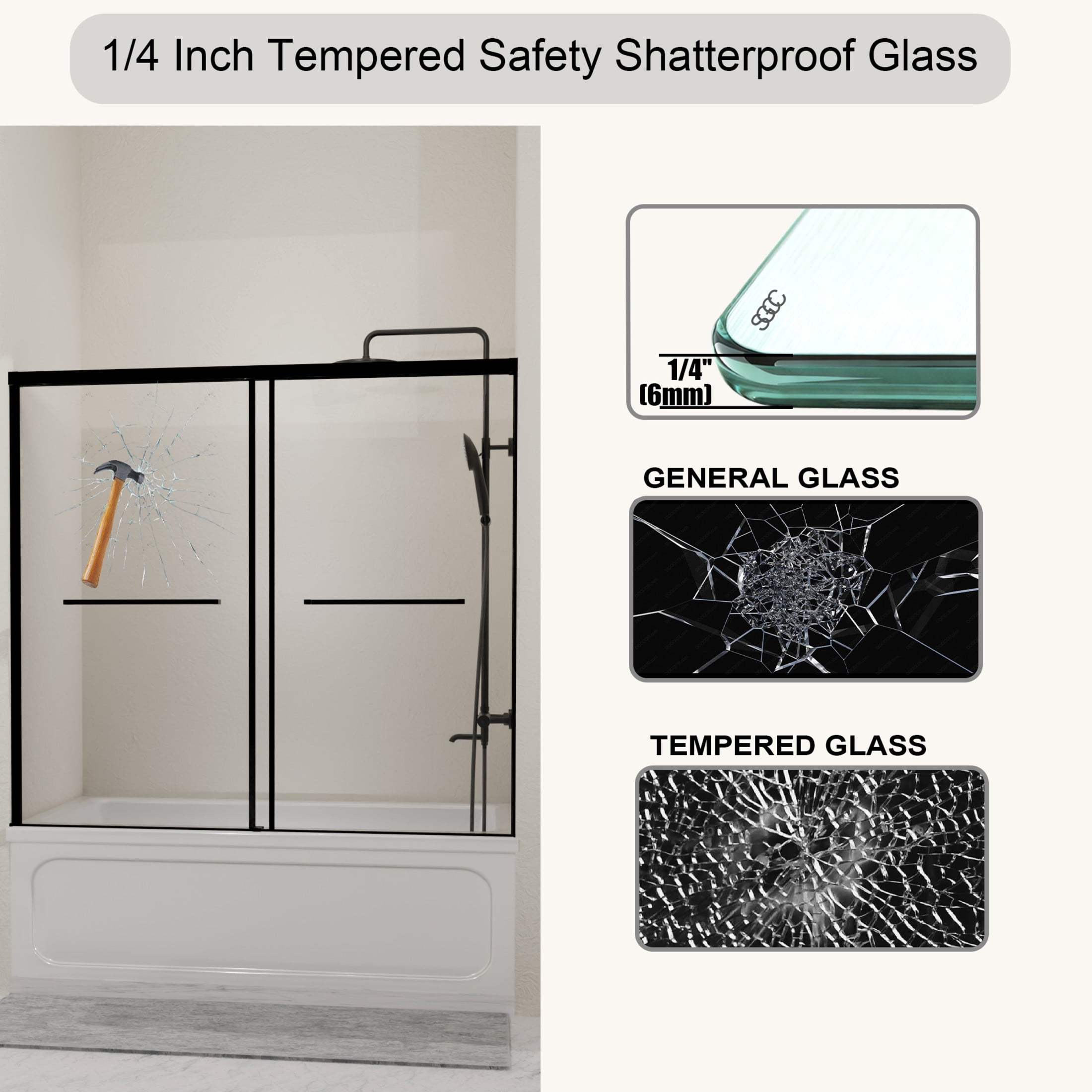 Noble House 60"x60" Bathtub Sliding Shower Door, Semi-Frameless Double Tub Door, Tempered Clear Glass, Matte Black