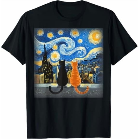 Greenink Cat Starry Night Van Gogh T-Shirt Gift for Cat Lover Mom & Dad Shirt Unisex Crewneck Short Sleeve Graphic Tees