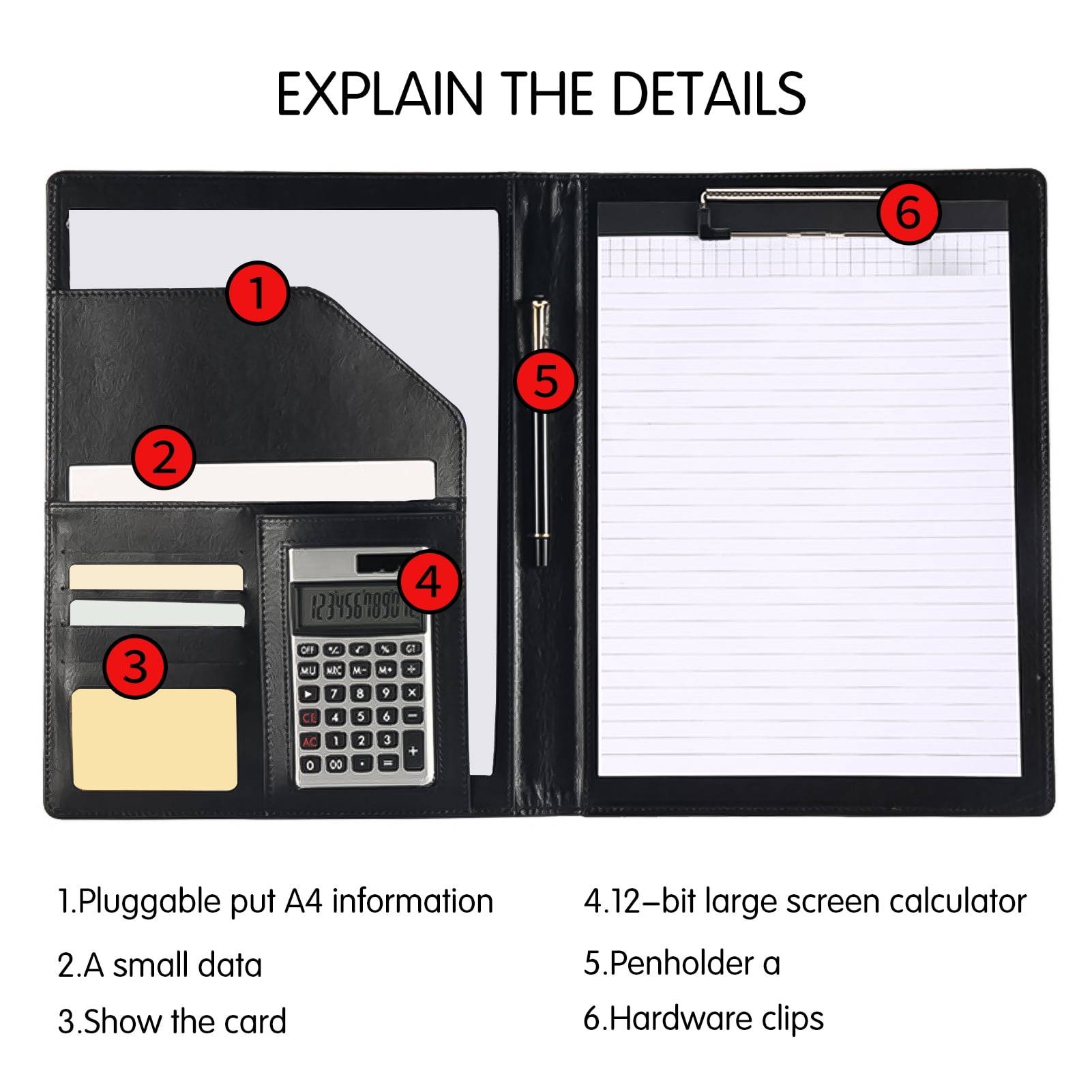 1* A4 PU Folder Large Capacity 12-bit Calculator Briefcase Business Binder Black