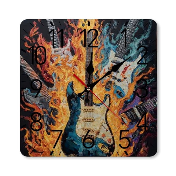 RKSupls 10×10inch Square Silent Wall Clock Wooden Frame, Burning Guitars Rock Scale Decorative Clock for Home Bedroom Living Room Office