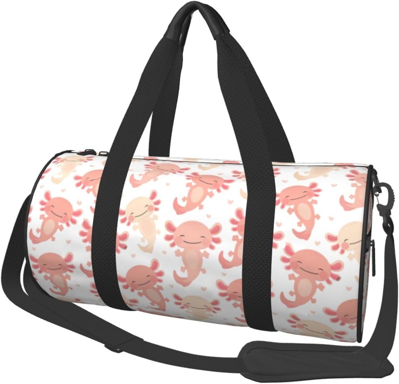 Kawaii axolotl Duffle bag, on sale pink kawaii axolotl, cute axolotl bag, pink axolotl duffle bag