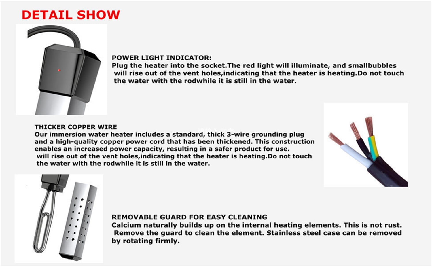 Immersion Water Heater with Temperature Control, 2000W Thermostat Portable Water Heater, Submersible Bucket Water Heater with Stainless Steel Guard, for Mini Pool, Bathtub, Travel